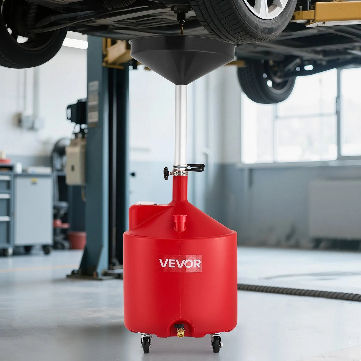 VEVOR 68 L Oil Drain Tank with Adjustable Funnel Height, Mobile Design with Wheels, for Oil and Fluid Drainage in Auto Repair Shops and Garages, Red
