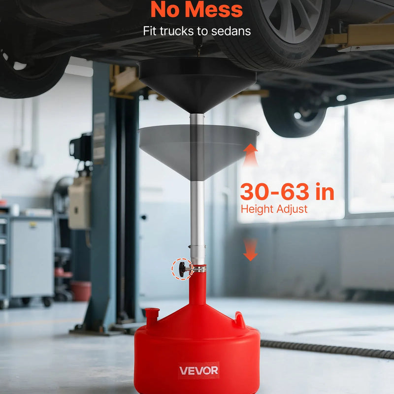 30 L eļļas noteces tvertne ar regulējamu piltuves augstumu, pārvietojama ar riteņiem, tērauda konstrukcija, sarkana