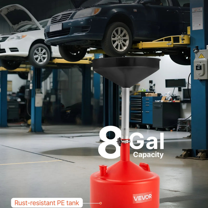 30 L eļļas noteces tvertne ar regulējamu piltuves augstumu, pārvietojama ar riteņiem, tērauda konstrukcija, sarkana