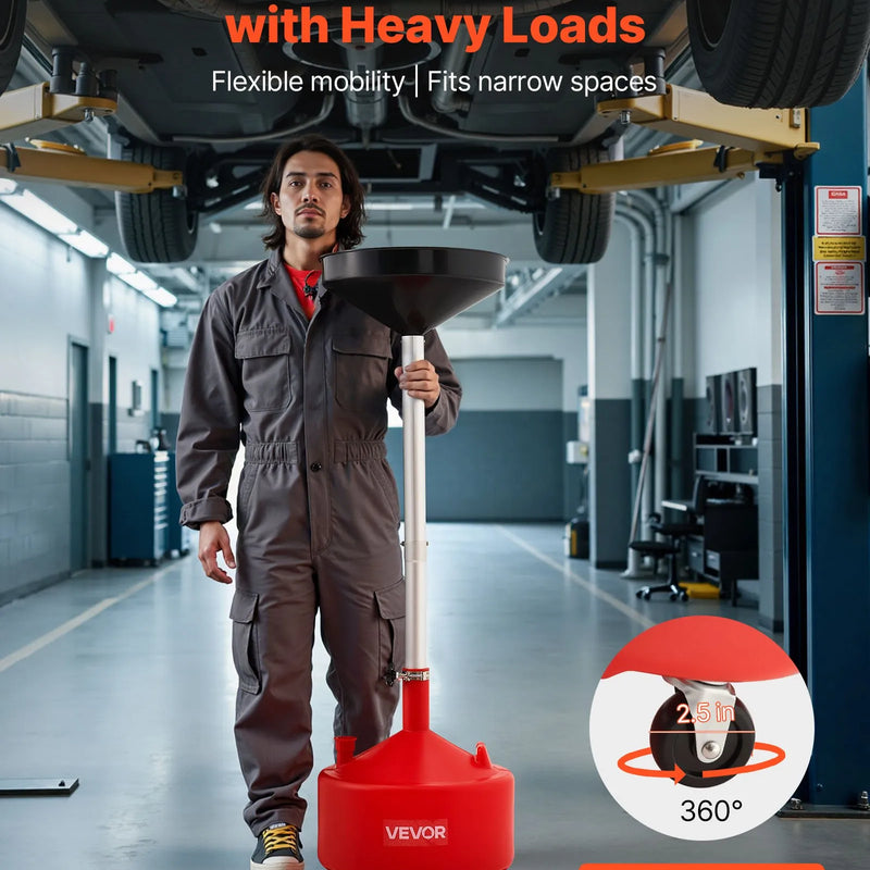 30 L eļļas noteces tvertne ar regulējamu piltuves augstumu, pārvietojama ar riteņiem, tērauda konstrukcija, sarkana