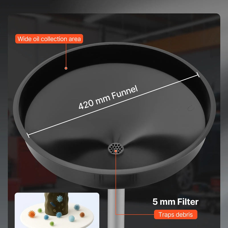 30 L eļļas noteces tvertne ar regulējamu piltuves augstumu, pārvietojama ar riteņiem, tērauda konstrukcija, sarkana