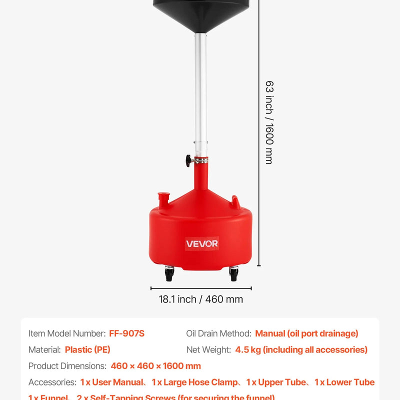 30 L eļļas noteces tvertne ar regulējamu piltuves augstumu, pārvietojama ar riteņiem, tērauda konstrukcija, sarkana