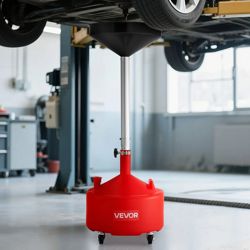 30 L eļļas noteces tvertne ar regulējamu piltuves augstumu, pārvietojama ar riteņiem, tērauda konstrukcija, sarkana