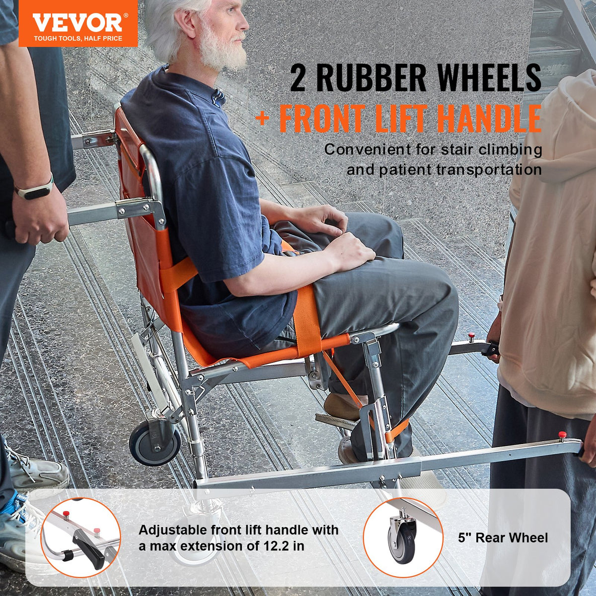 VEVOR Aluminium Evacuation Chair, 159 kg Capacity, Foldable, 2 Wheels, Portable Stair Lift Chair, Suitable for Seniors and People with Mobility Impairments
