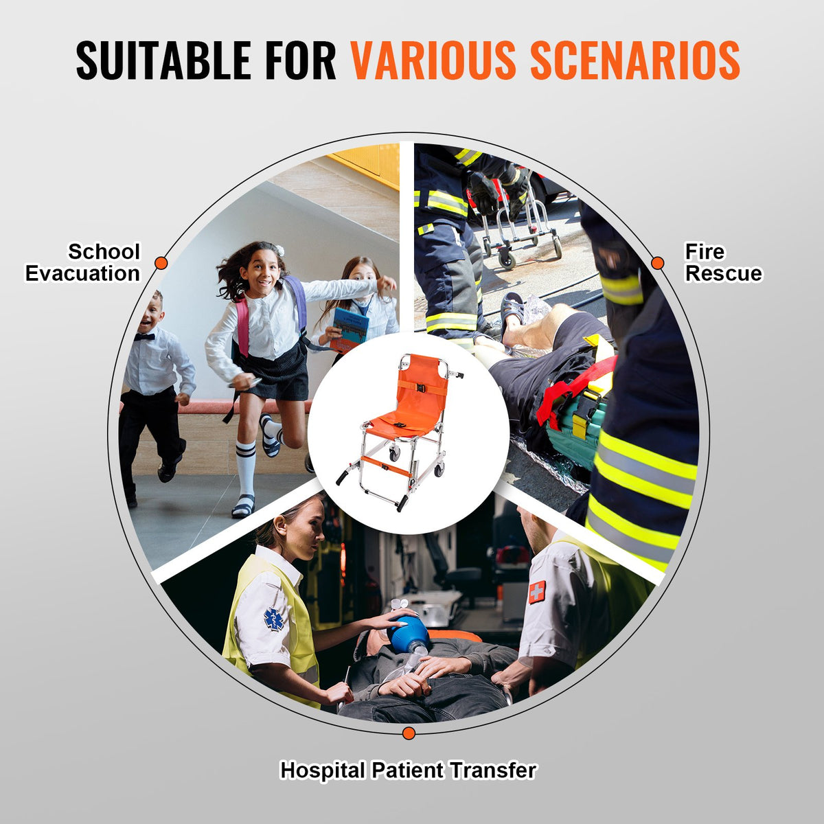 VEVOR Aluminium Evacuation Chair, 159 kg Capacity, Foldable, 2 Wheels, Portable Stair Lift Chair, Suitable for Seniors and People with Mobility Impairments