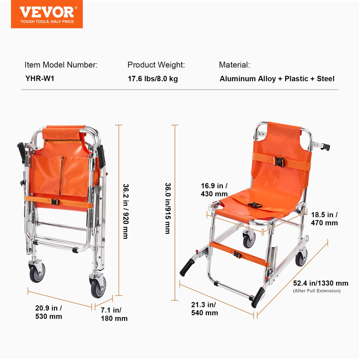 VEVOR Aluminium Evacuation Chair, 159 kg Capacity, Foldable, 2 Wheels, Portable Stair Lift Chair, Suitable for Seniors and People with Mobility Impairments