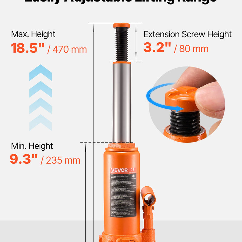 Hidrauliskais pudeļveida domkrats, 10 t, 235-470 mm, oranžs