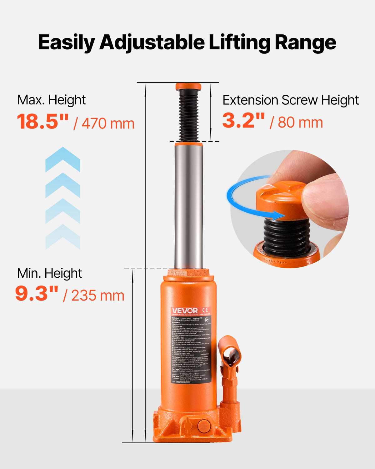 Hydraulic bottle jack, 10 t, 235–470 mm, orange