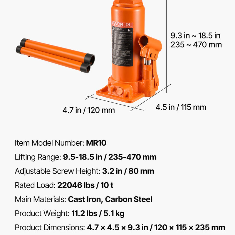 Hidrauliskais pudeļveida domkrats, 10 t, 235-470 mm, oranžs