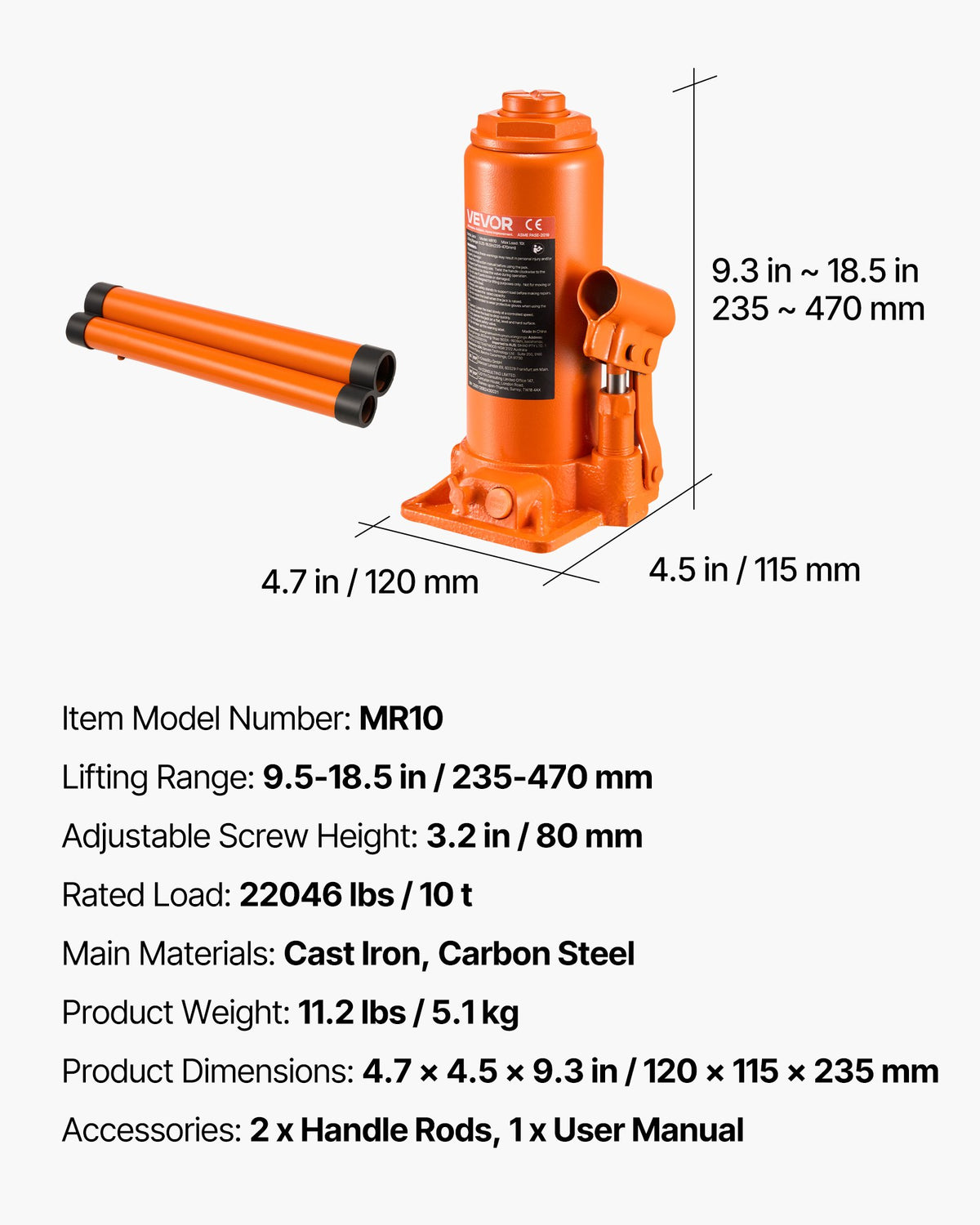 Hydraulic bottle jack, 10 t, 235–470 mm, orange