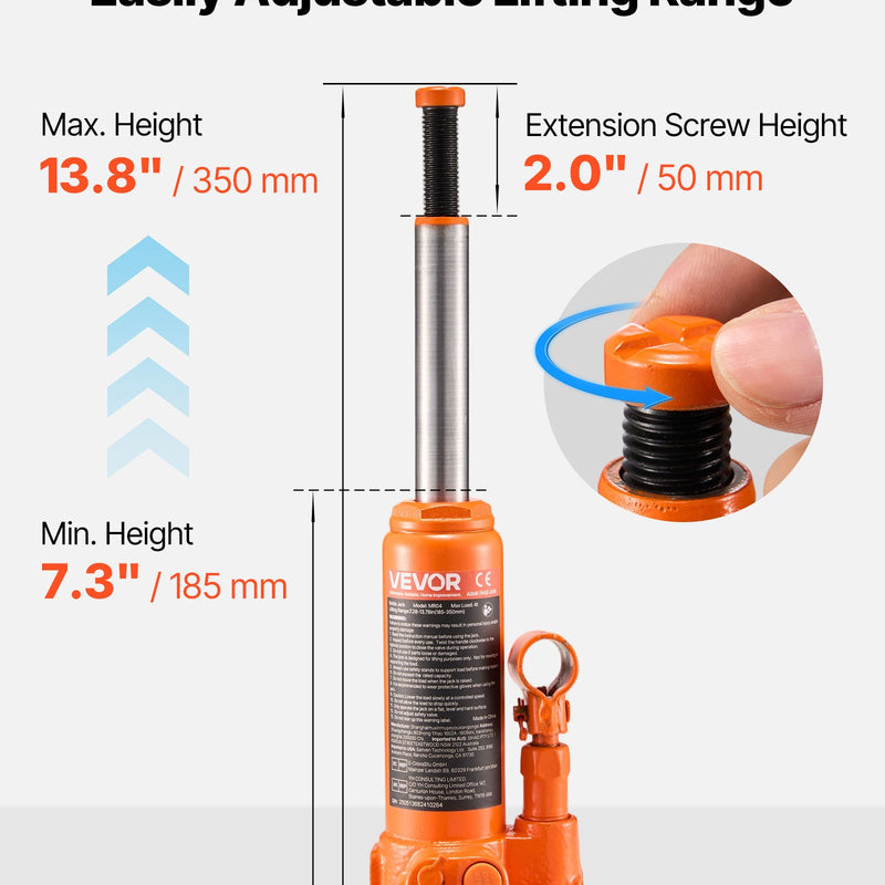Hidrauliskais pudeļveida domkrats, 4 t, 185-350 mm, oranžs