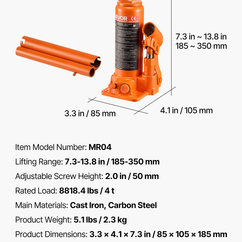 Hidrauliskais pudeļveida domkrats, 4 t, 185-350 mm, oranžs
