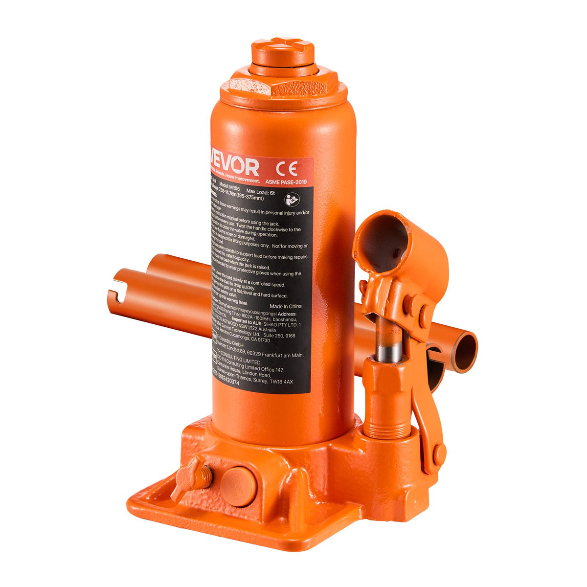 Hydraulic bottle jack, 6 t, 195–375 mm, orange