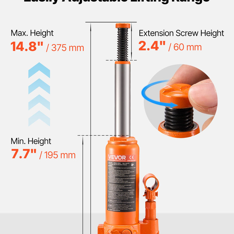 Hidrauliskais pudeļveida domkrats, 6 t, 195-375 mm, oranžs
