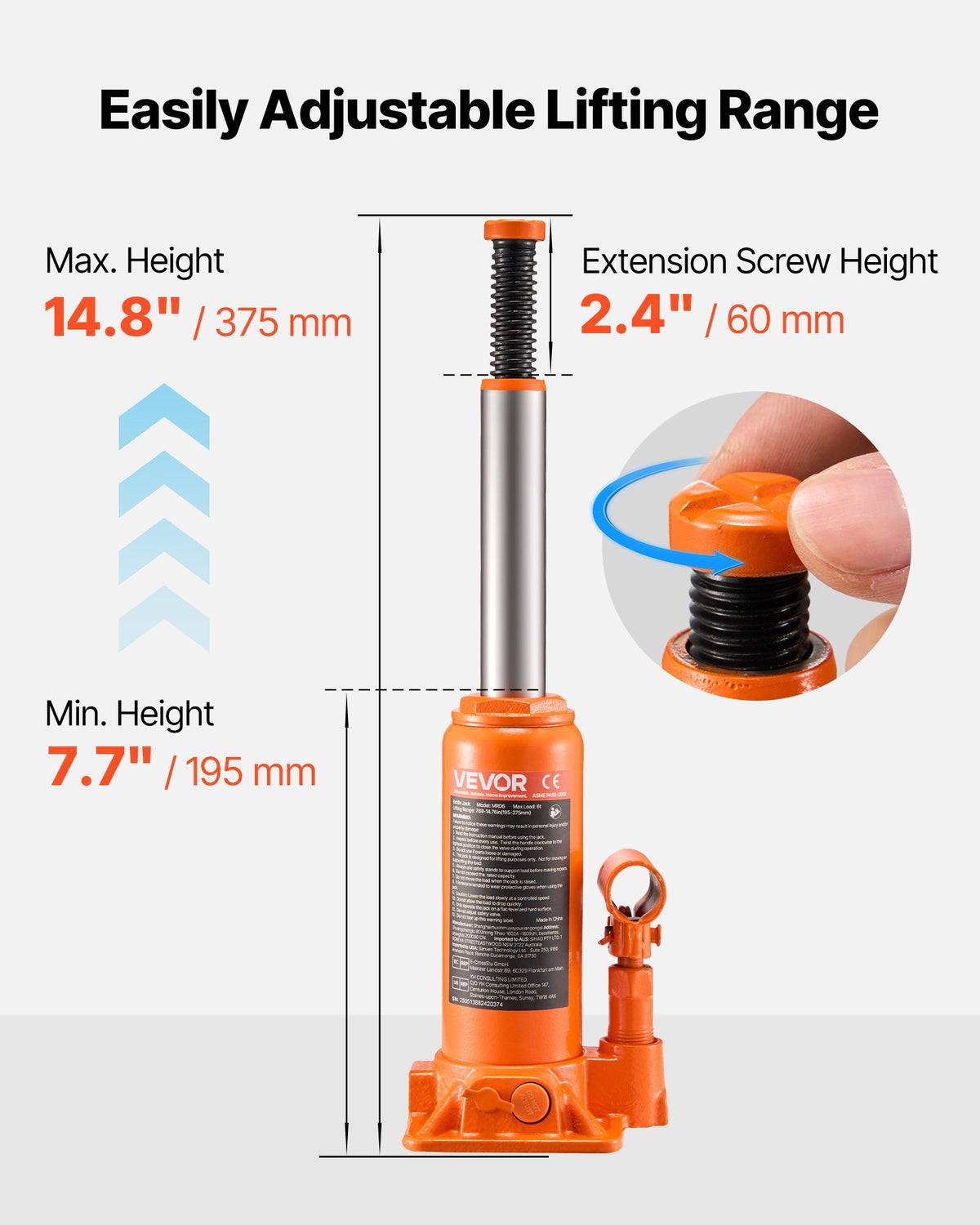 Hydraulic bottle jack, 6 t, 195–375 mm, orange