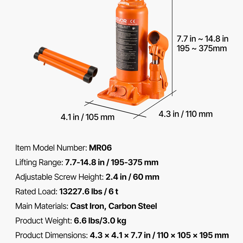 Hidrauliskais pudeļveida domkrats, 6 t, 195-375 mm, oranžs