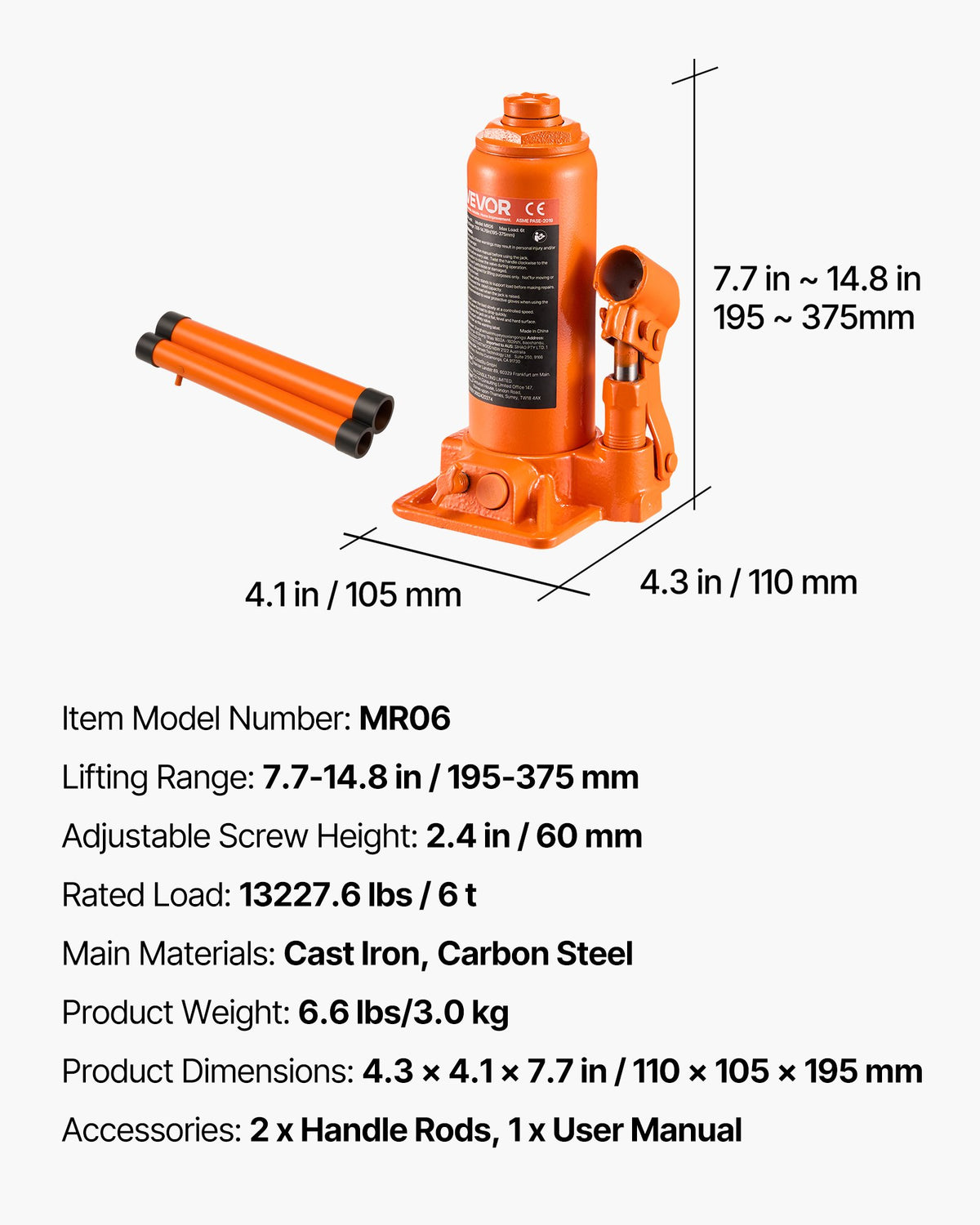 Hydraulic bottle jack, 6 t, 195–375 mm, orange