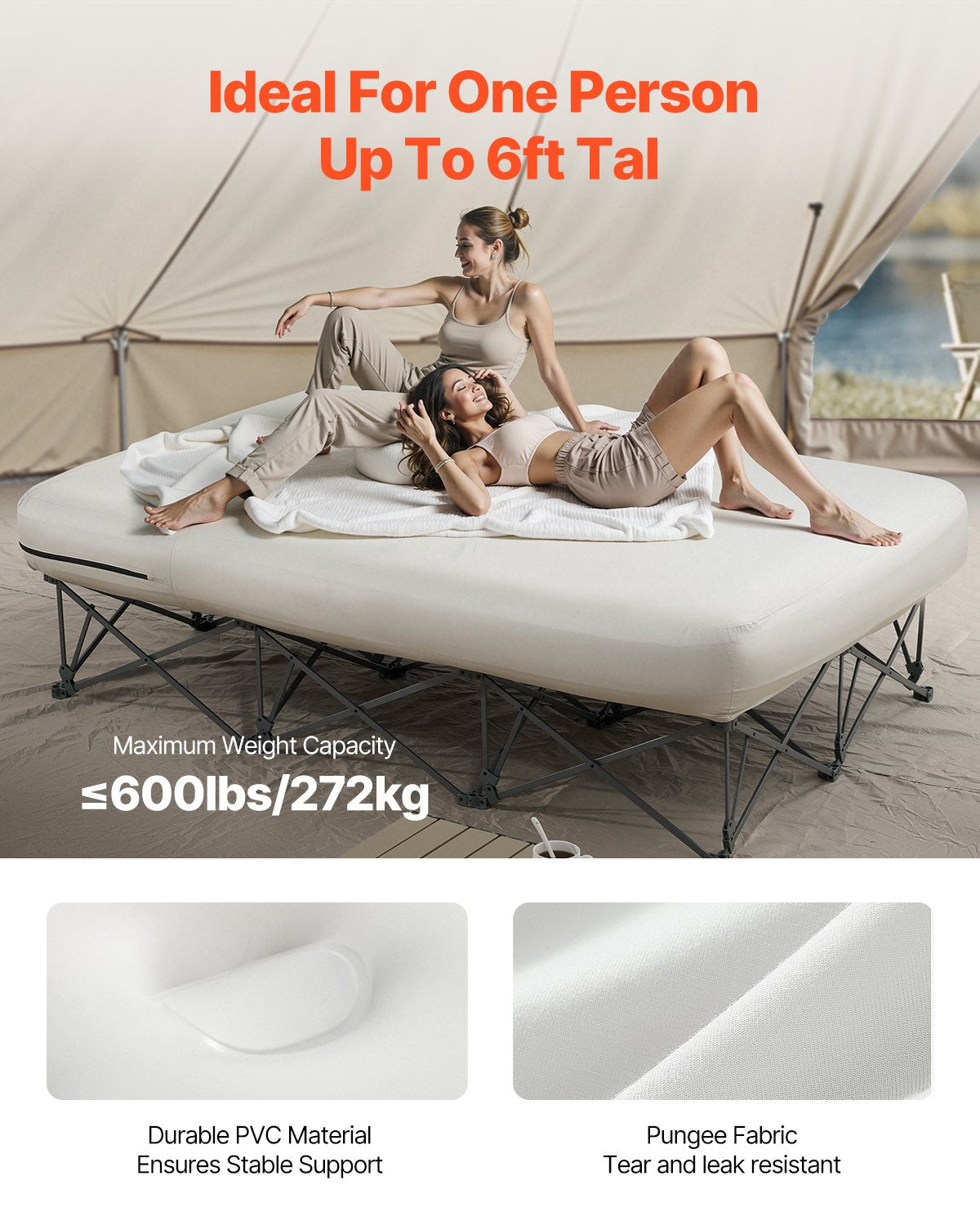 VEVOR Inflatable Air Mattress with Frame and Pump, 2-Person, Camping, Up to 272 kg Load Capacity