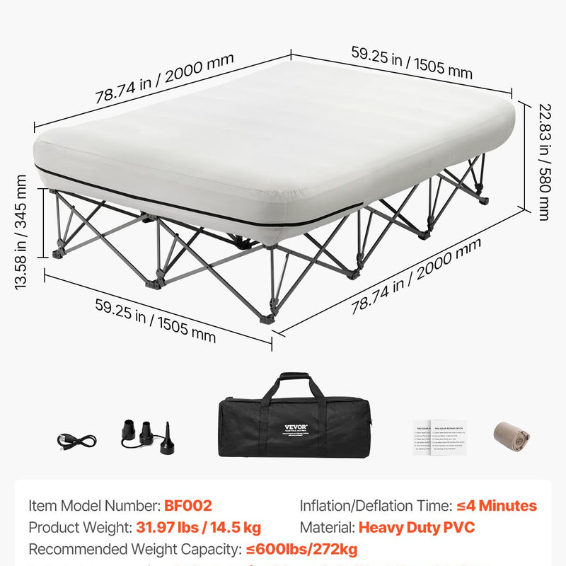 VEVOR piepūšamais matracis ar rāmi un sūkni, 2 personām, kempingam, līdz 272 kg noslodzei