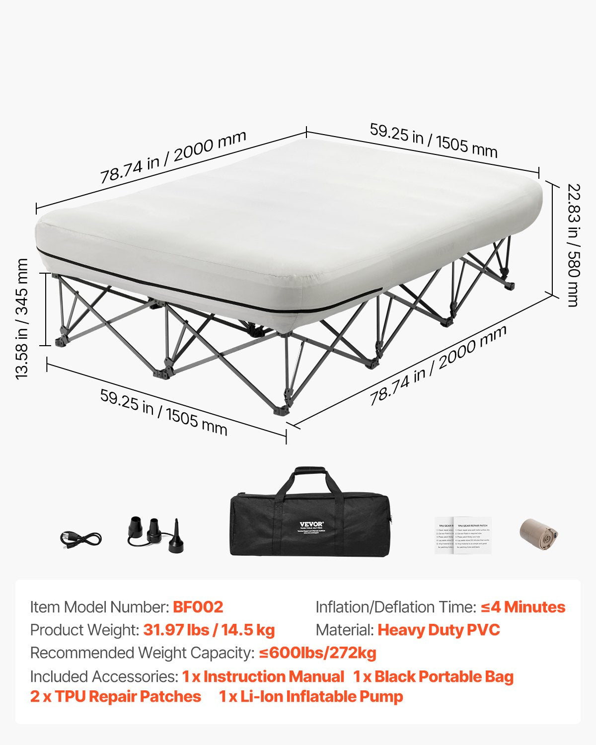 VEVOR Inflatable Air Mattress with Frame and Pump, 2-Person, Camping, Up to 272 kg Load Capacity