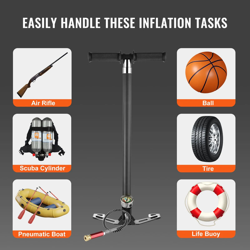 VEVOR PCP četru pakāpju rokas pumpis, 300 bar augstspiediena gaisa uzpildei, ar eļļas-mitruma filtru, manometru un nerūsējoša tērauda konstrukciju pneimatiskajiem ieročiem, nirēju baloniem un peintbola tvertnēm