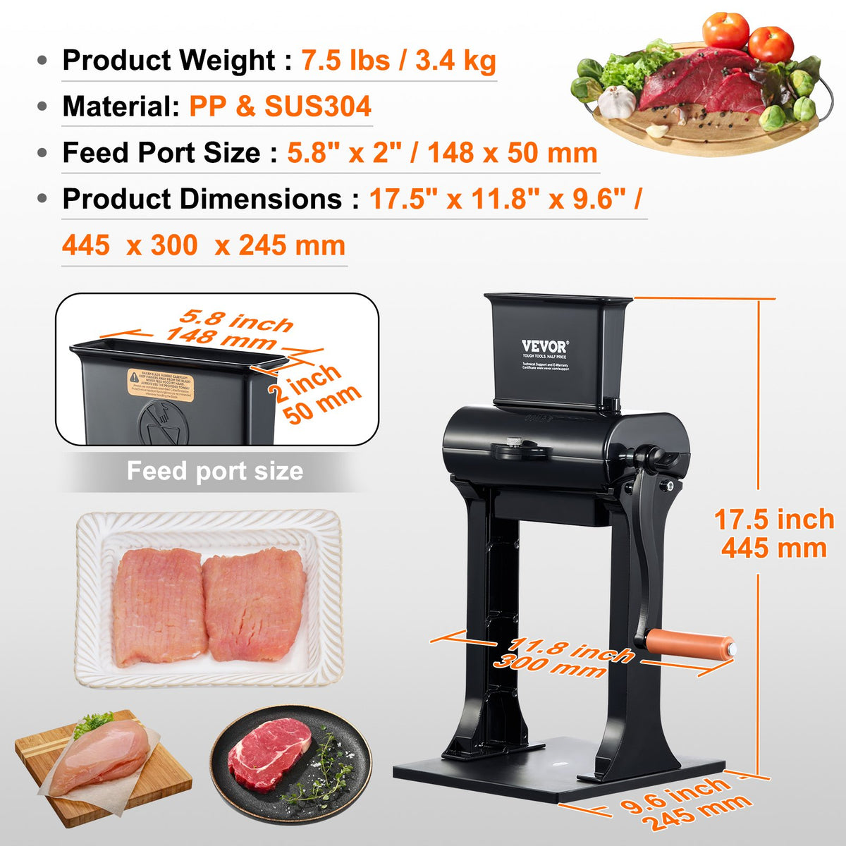 VEVOR Manual Meat Tenderiser, Stainless Steel, 14.7 cm Feed Opening