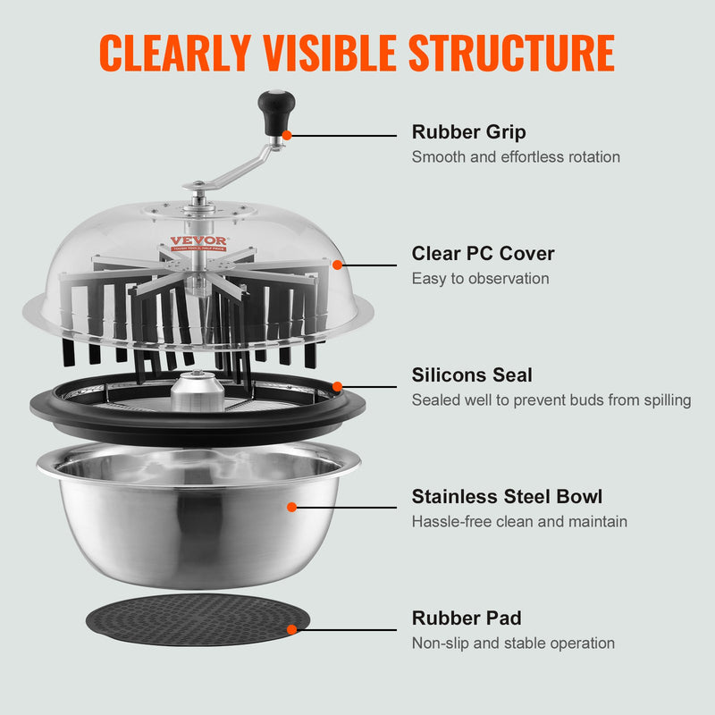 VEVOR 48,3 cm manuāls zaļumu griezējs ar caurspīdīgu vāku,  ar nerūsējošā  tērauda asmeņiem, komplektā salokāms augu žāvēšanas plaukts un rokas šķēres