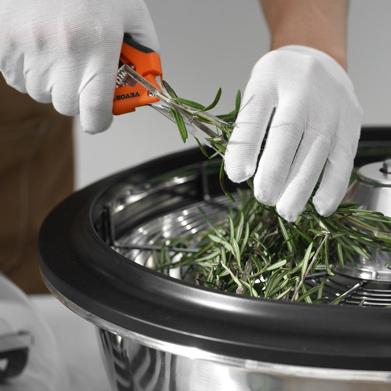 VEVOR 48,3 cm manuāls zaļumu griezējs ar caurspīdīgu vāku,  ar nerūsējošā  tērauda asmeņiem, komplektā salokāms augu žāvēšanas plaukts un rokas šķēres