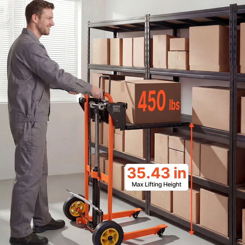 VEVOR hidrauliskais materiālu pacēlājs ar vinču un dakšu platformu, 205 kg celtspēja, pacelšanas augstums 900 mm, salokāms un pārvietojams, oranži melns
