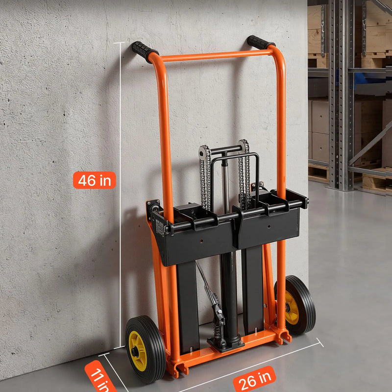 VEVOR hidrauliskais materiālu pacēlājs ar vinču un dakšu platformu, 205 kg celtspēja, pacelšanas augstums 900 mm, salokāms un pārvietojams, oranži melns