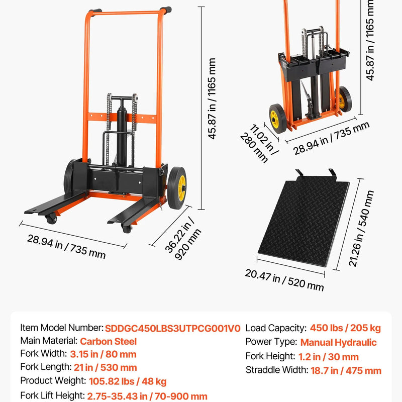 VEVOR hidrauliskais materiālu pacēlājs ar vinču un dakšu platformu, 205 kg celtspēja, pacelšanas augstums 900 mm, salokāms un pārvietojams, oranži melns