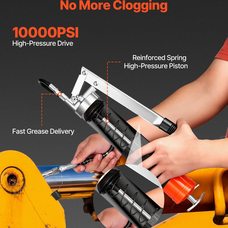 VEVOR smērviela pistole, 10 000 PSI augstspiediena, izturīgs smērvielas pistoles komplekts ar pistoles tipa rokturi, 0,4 l ietilpība, komplektā 46 cm elastīgā šļūtene, 1 stingra pagarinājuma caurule un 1 smailais uzgalis automobiļu un jūras tehnikai