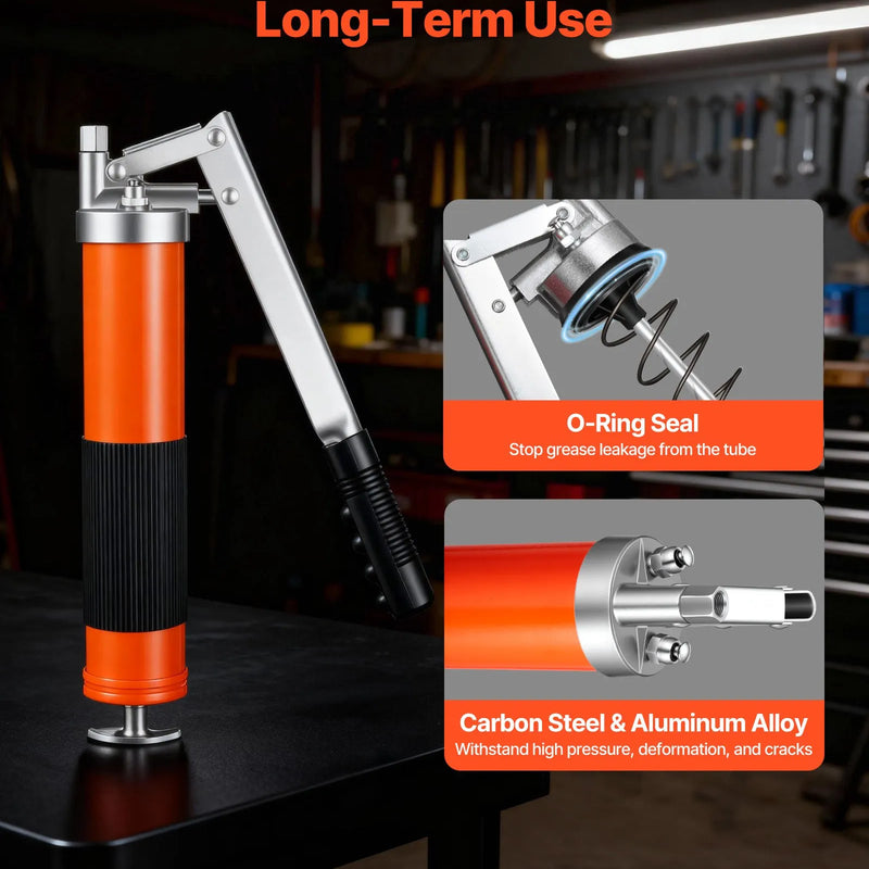 VEVOR smērviela pistole, 10 000 PSI augstspiediena, izturīgs smērvielas pistoles komplekts ar pistoles tipa rokturi, 0,4 l ietilpība, komplektā 46 cm elastīgā šļūtene, 1 stingra pagarinājuma caurule un 1 smailais uzgalis automobiļu un jūras tehnikai