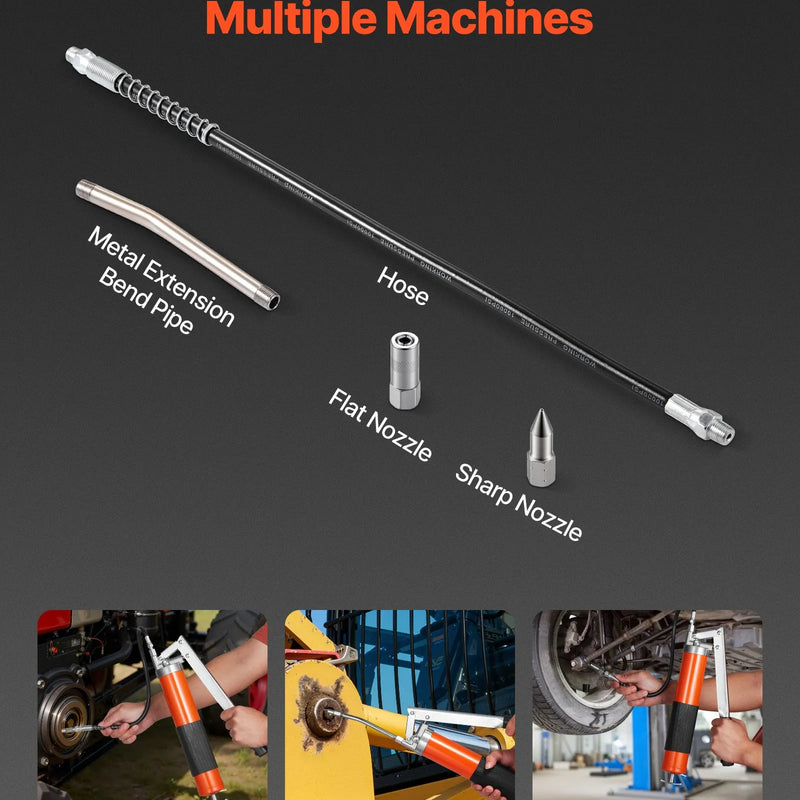 VEVOR smērviela pistole, 10 000 PSI augstspiediena, izturīgs smērvielas pistoles komplekts ar pistoles tipa rokturi, 0,4 l ietilpība, komplektā 46 cm elastīgā šļūtene, 1 stingra pagarinājuma caurule un 1 smailais uzgalis automobiļu un jūras tehnikai