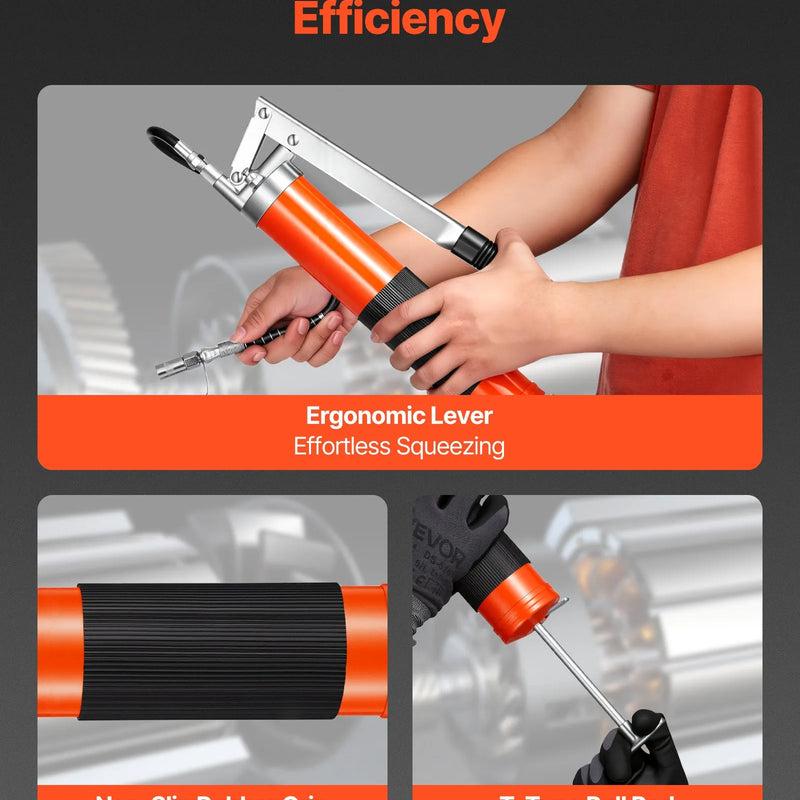 VEVOR smērviela pistole, 10 000 PSI augstspiediena, izturīgs smērvielas pistoles komplekts ar pistoles tipa rokturi, 0,4 l ietilpība, komplektā 46 cm elastīgā šļūtene, 1 stingra pagarinājuma caurule un 1 smailais uzgalis automobiļu un jūras tehnikai