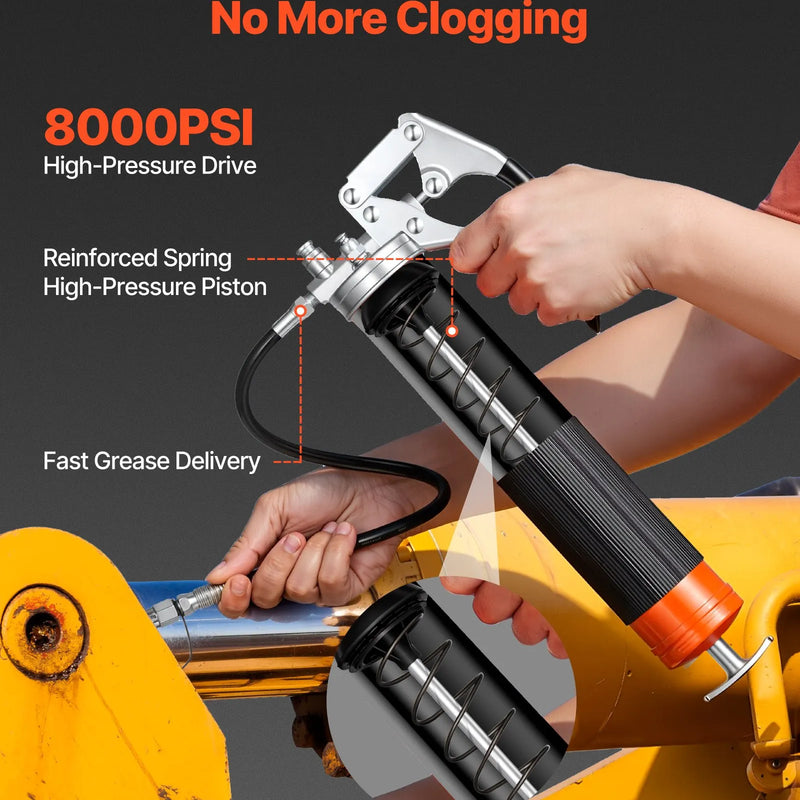 VEVOR smērvielas pistole, 8 000 PSI (≈552 bar), pistoles tipa smērvielas pistoles komplekts ar 0,4 l ietilpību, komplektā 46 cm elastīgā šļūtene, divroku smērzsavienojuma skava, stingra pagarinājuma caurule un smailais uzgalis automobiļu un jūras tehnikai