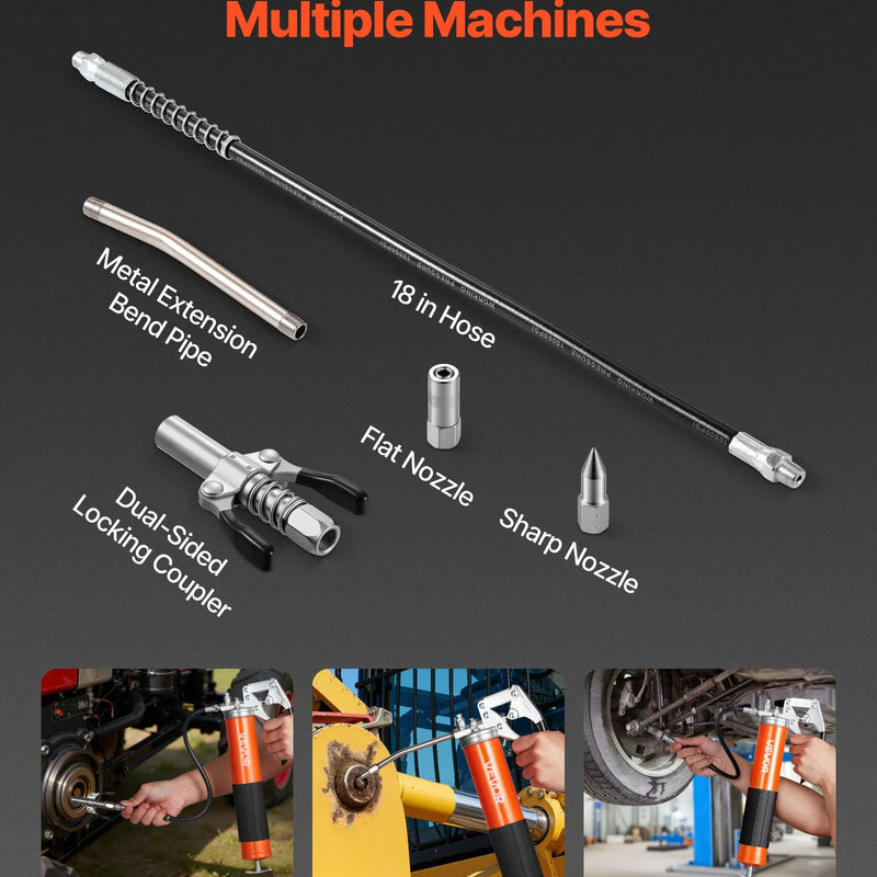 VEVOR smērvielas pistole, 8 000 PSI (≈552 bar), pistoles tipa smērvielas pistoles komplekts ar 0,4 l ietilpību, komplektā 46 cm elastīgā šļūtene, divroku smērzsavienojuma skava, stingra pagarinājuma caurule un smailais uzgalis automobiļu un jūras tehnikai