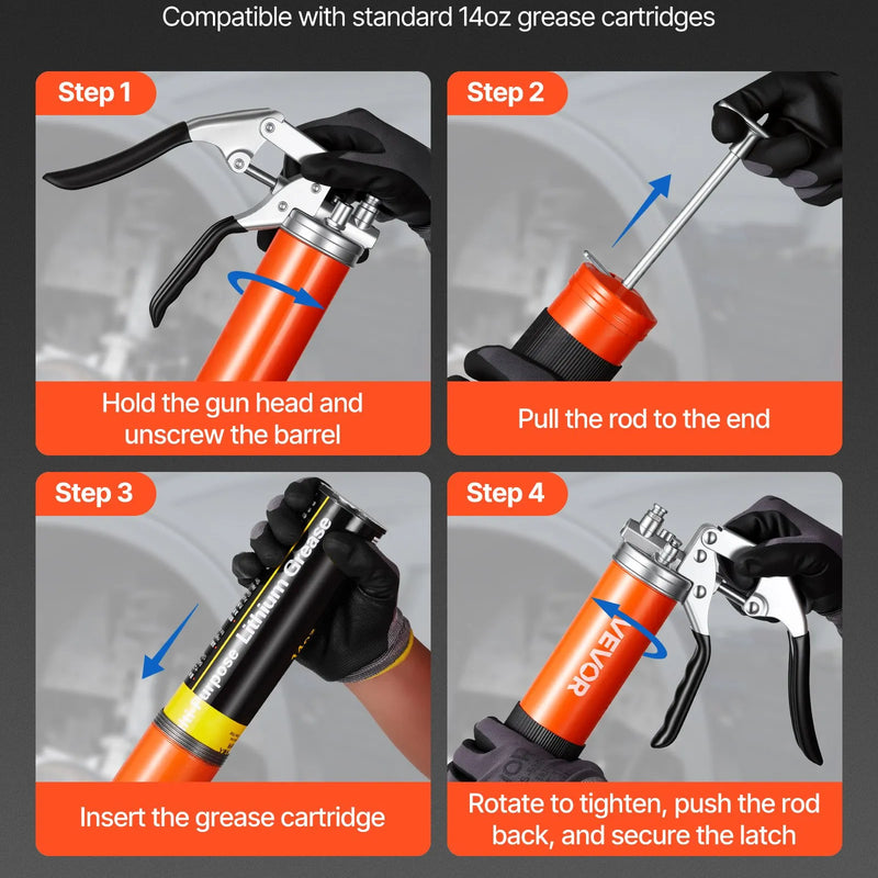 VEVOR smērvielas pistole, 8 000 PSI (≈552 bar), pistoles tipa smērvielas pistoles komplekts ar 0,4 l ietilpību, komplektā 46 cm elastīgā šļūtene, divroku smērzsavienojuma skava, stingra pagarinājuma caurule un smailais uzgalis automobiļu un jūras tehnikai
