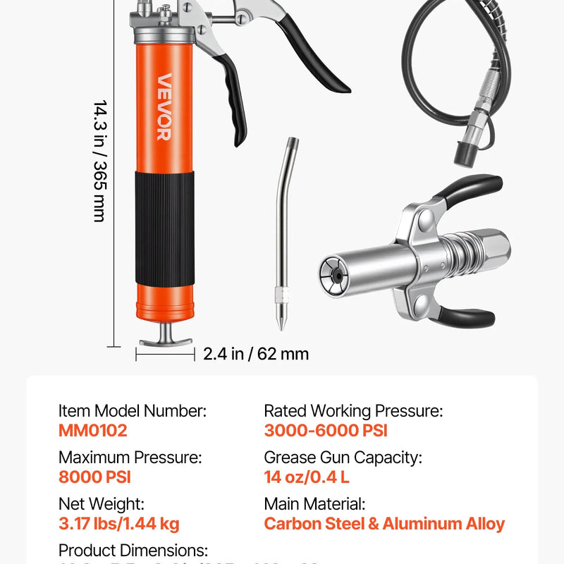 VEVOR smērvielas pistole, 8 000 PSI (≈552 bar), pistoles tipa smērvielas pistoles komplekts ar 0,4 l ietilpību, komplektā 46 cm elastīgā šļūtene, divroku smērzsavienojuma skava, stingra pagarinājuma caurule un smailais uzgalis automobiļu un jūras tehnikai