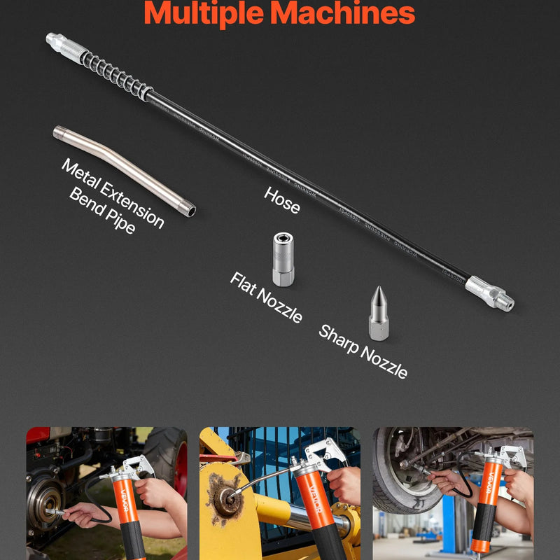 VEVOR smērvielas pistole, 8 000 PSI (≈552 bar) augstspiediena, izturīgs pistoles tipa smērvielas pistoles komplekts ar 0,4 l ietilpību, komplektā 46 cm elastīgā šļūtene, 1 stingra pagarinājuma caurule un 1 smailais uzgalis automobiļu un jūras tehnikai