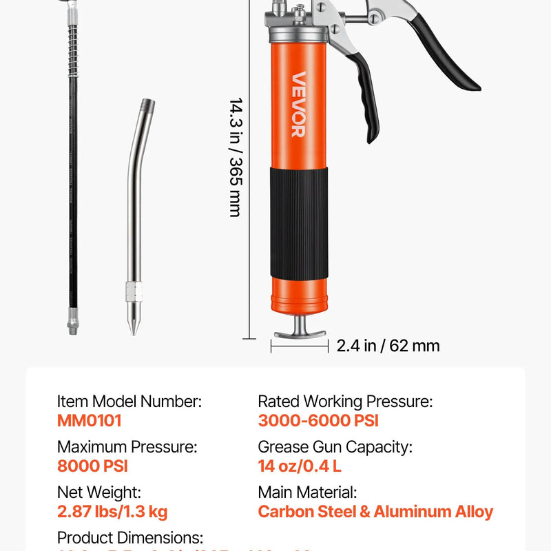 VEVOR smērvielas pistole, 8 000 PSI (≈552 bar) augstspiediena, izturīgs pistoles tipa smērvielas pistoles komplekts ar 0,4 l ietilpību, komplektā 46 cm elastīgā šļūtene, 1 stingra pagarinājuma caurule un 1 smailais uzgalis automobiļu un jūras tehnikai