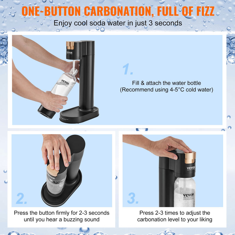 VEVOR dzirkstošā ūdens gatavotājs, mājas sodas aparāts, komplekts ar 2 BPA nesaturošām 1L PET pudelēm, saderīgs ar 60L CO₂ cilindru (nav iekļauts), melns