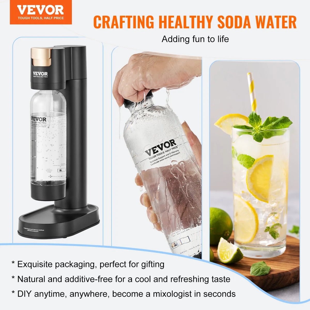 VEVOR Soda Maker with 1 L PET Bottle and CO₂ Cartridge, Compatible with 60 L Threaded Cylinders