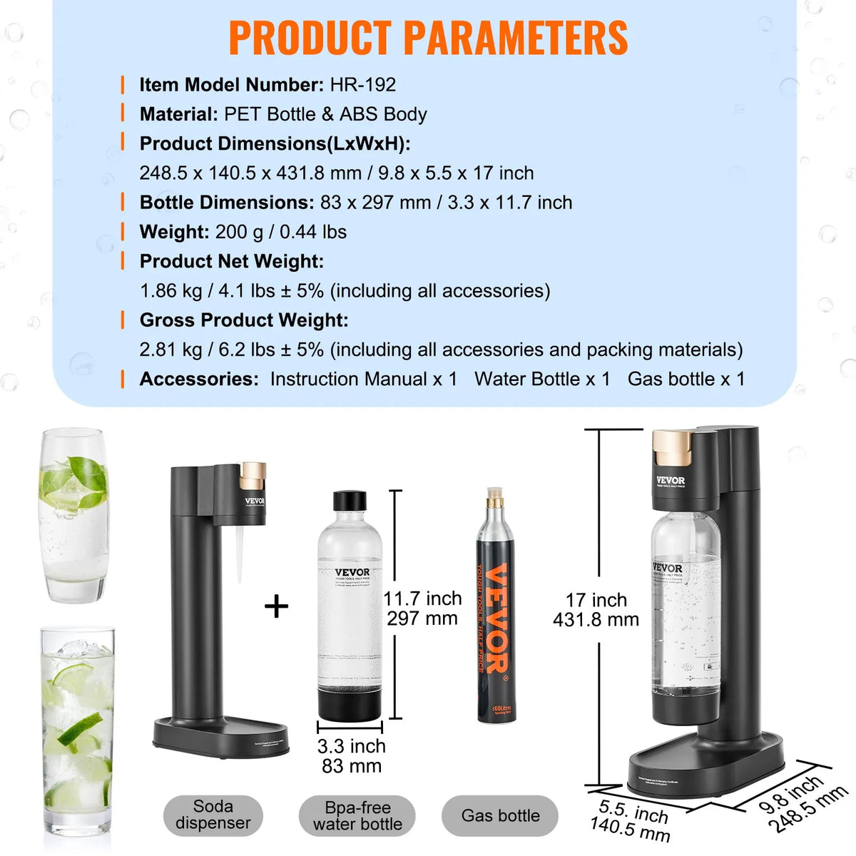 VEVOR Soda Maker with 1 L PET Bottle and CO₂ Cartridge, Compatible with 60 L Threaded Cylinders