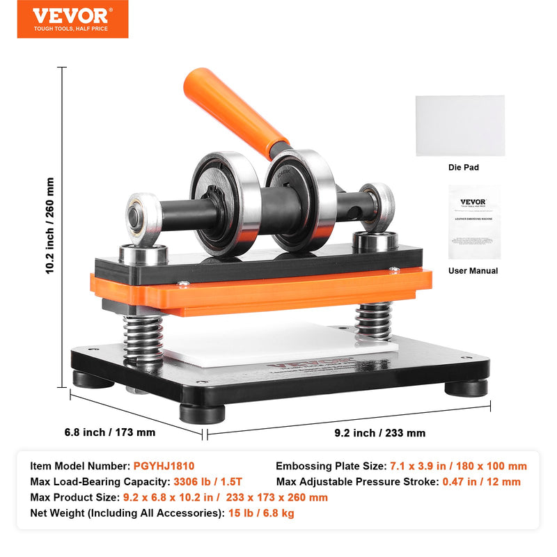 VEVOR manuālā ādas griešanas un reljefa prese – 180 x 100 mm reljefa plāksne, 12 mm spiediena gājiens, dubultu vadotņu sistēma, piemērota dažādu materiālu griešanai un presēšanai