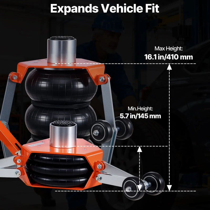 VEVOR pneimatiskais domkrats, 3 t trīskāršs gaisa spilvenu domkrats ar atbalsta stieni, pacelšanas augstums līdz 470 mm ar paaugstinātu kolonnu un regulējamu rokturi, 1–6 s ātra pneimatiskā pacelšana automobiļu, apvidus auto un pikapu remontam