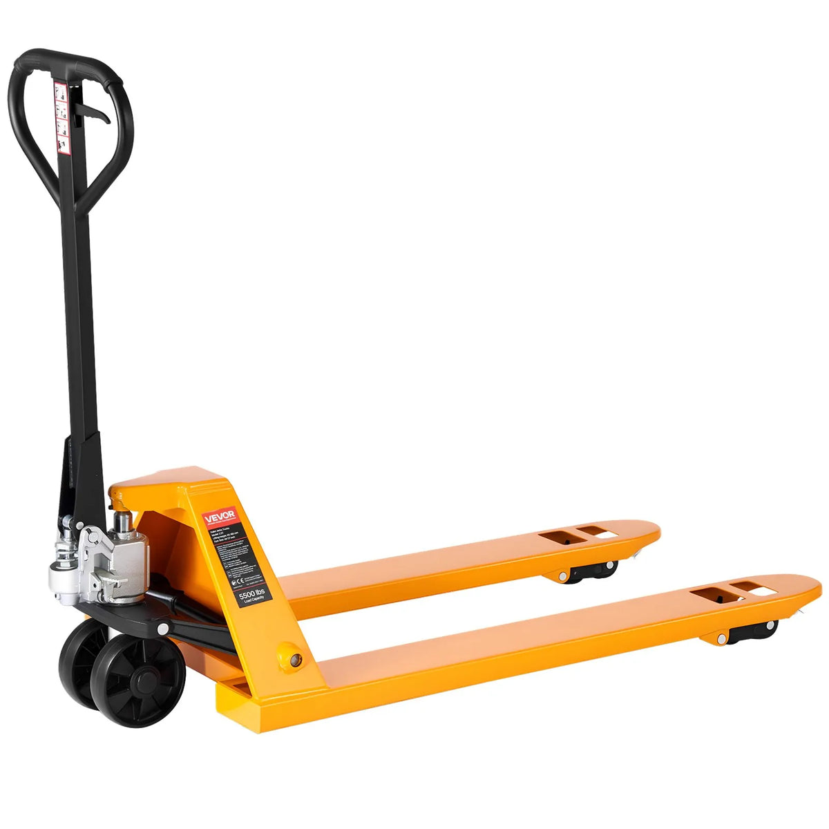 Hand pallet truck, 2.5 t load capacity, with 122 × 68.6 cm forks for material handling, fork lifting height range 85–180 mm, suitable for warehouses, supermarkets and manufacturing