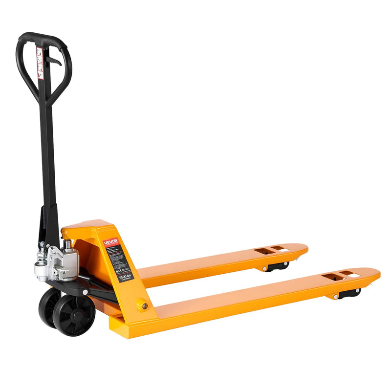 Rokas palešu rati, 2,5 t kravnesība, ar 122 × 68,6 cm dakšām materiālu pārvietošanai, dakšu pacelšanas augstuma diapazons 85–180 mm, piemēroti noliktavām, lielveikaliem un ražošanai