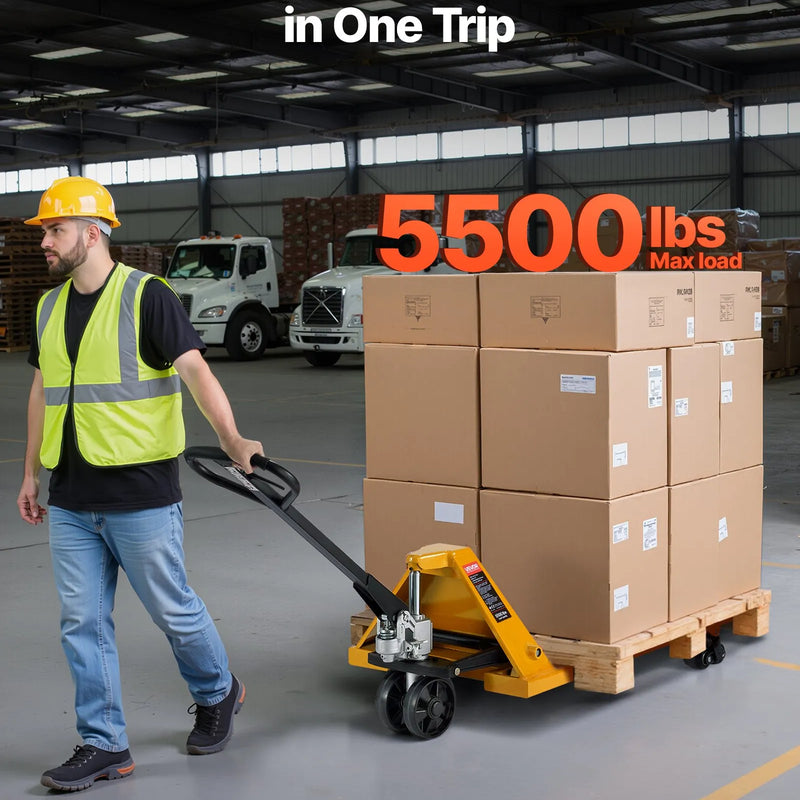 Rokas palešu rati, 2,5 t kravnesība, ar 122 × 68,6 cm dakšām materiālu pārvietošanai, dakšu pacelšanas augstuma diapazons 85-180 mm, piemēroti noliktavām, lielveikaliem un ražošanai