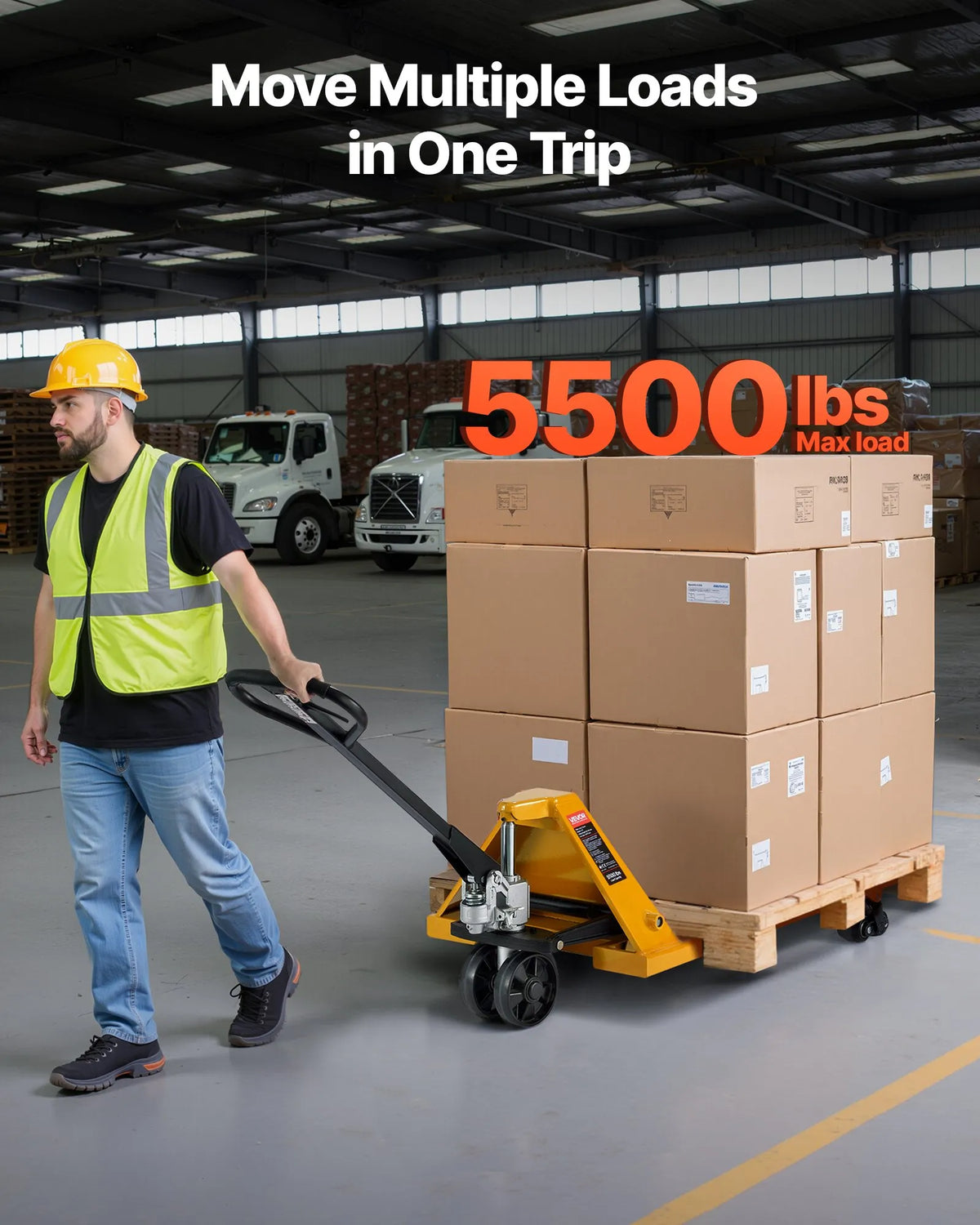 Hand pallet truck, 2.5 t load capacity, with 122 × 68.6 cm forks for material handling, fork lifting height range 85–180 mm, suitable for warehouses, supermarkets and manufacturing